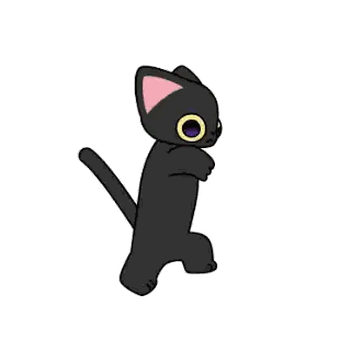 a black cat with pink ears and paws is standing on its hind legs on a white background .