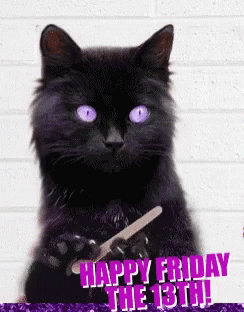 A Black Cat With Purple Eyes Is Holding A Nail File And Says Happy Friday The 13Th GIF