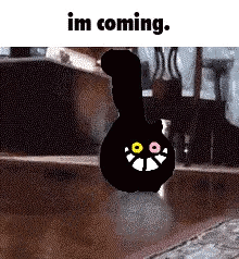 A Black Cat With Yellow Eyes Is Flying In The Air With The Words `` Im Coming '' . GIF
