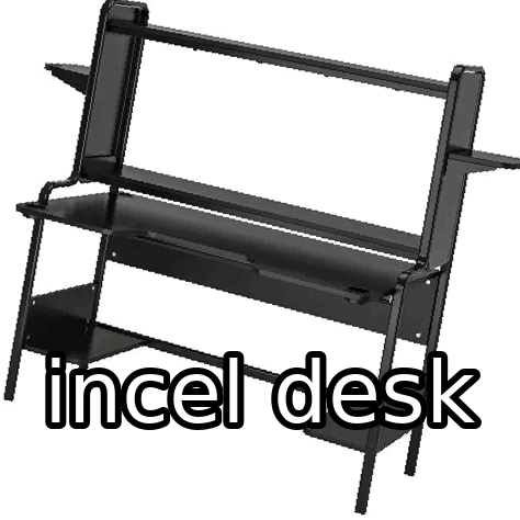 a black computer desk with a keyboard tray and shelves .