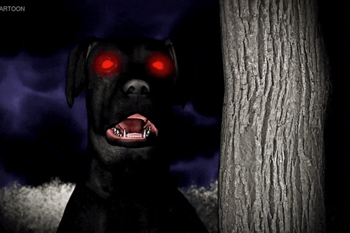 a black dog with red eyes stands next to a tree