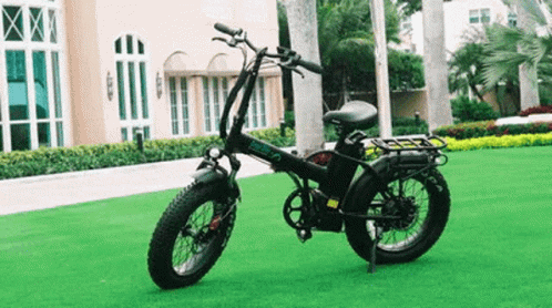 A Black Folding Electric Bike Is Parked On A Lush Green Field . GIF