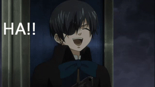 A Black Haired Anime Character Is Laughing With The Word Ha Written Below Him GIF