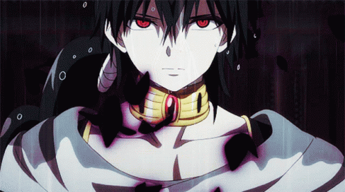 A Black Haired Anime Character With Red Eyes And A Gold Collar GIF