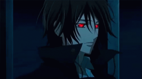 A Black Haired Anime Character With Red Eyes Is Standing In The Dark GIF