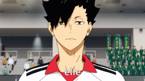 A Black Haired Anime Character With The Word Elle Written On His Shirt GIF