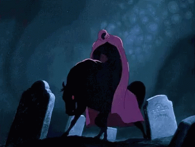 A Black Horse Is Walking Through A Cemetery With A Red Background . GIF