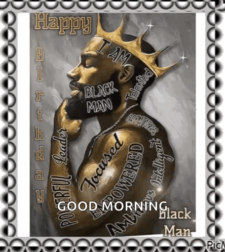 A Black Man With A Crown On His Head Is Wearing A Tattoo On His Arm And Arm . GIF