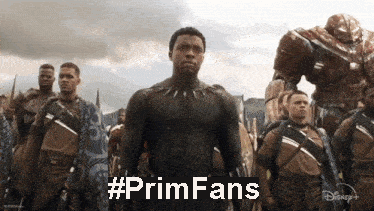 A Black Panther Is Standing In Front Of A Group Of Soldiers With The Hashtag #Primfans On The Bottom GIF