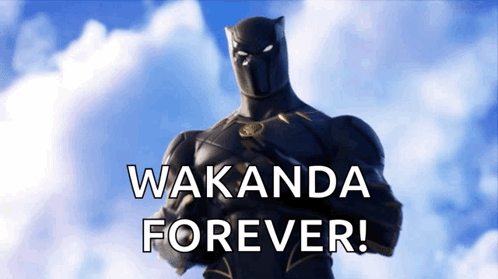 A Black Panther Stands In Front Of A Cloudy Sky With The Words Wakanda Forever GIF