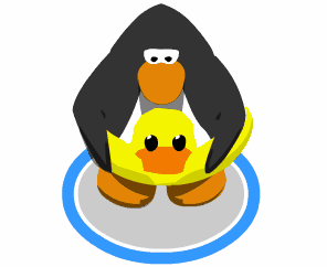 A Black Penguin Is Holding A Yellow Duck On Its Back GIF