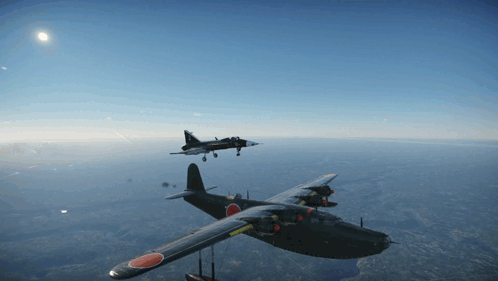 A Black Plane With A Red Circle On The Tail Is Flying Next To A Smaller Plane GIF