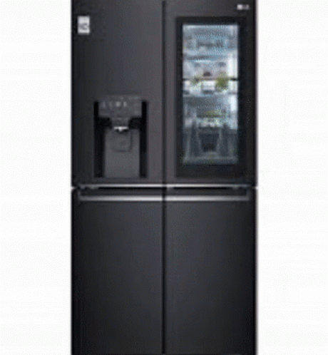 A Black Refrigerator With A Glass Door And Water Dispenser . GIF