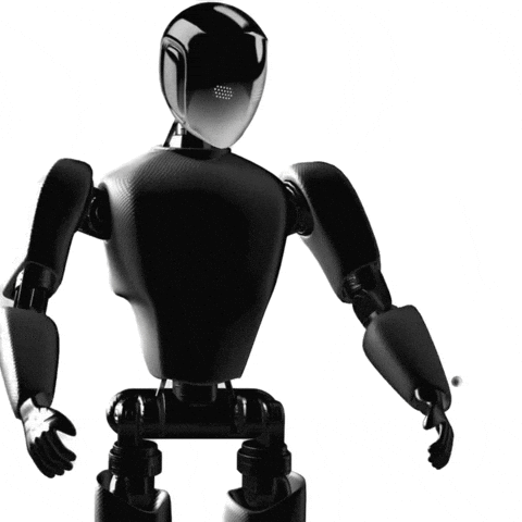 A Black Robot Is Standing In Front Of A White Background That Says Umiko GIF