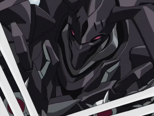 A Black Robot With Red Eyes Is Holding A Pair Of Sharp Knives GIF