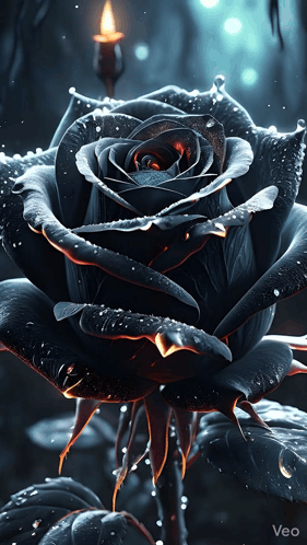 A Black Rose With A Candle Behind It And The Word Veo On The Bottom GIF