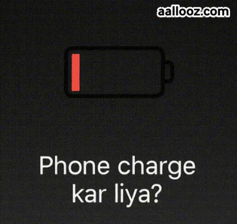 A Black Screen With A Red Battery And The Words " Phone Charge Kar Liya " GIF