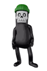 a black skeleton toy with a green hat on .