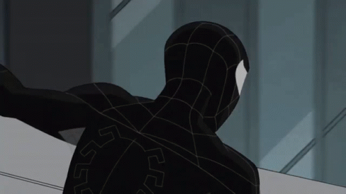 A Black Spiderman With A Greek Key Pattern On The Back Of His Suit GIF