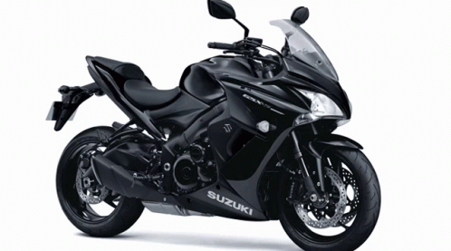 A Black Suzuki Motorcycle Is Sitting On A White Background GIF