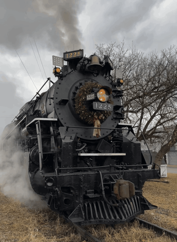 A Black Train With The Number 1225 On The Front GIF
