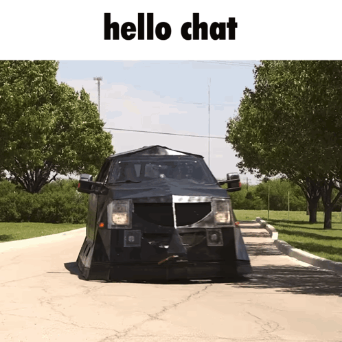 A Black Vehicle Is Driving Down A Road With The Words Hello Chat Above It GIF