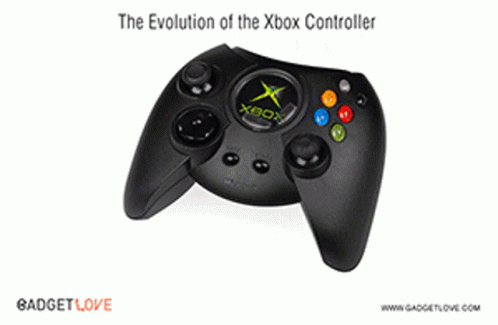 A Black Xbox Controller With The Words The Evolution Of The Xbox Controller Above It GIF