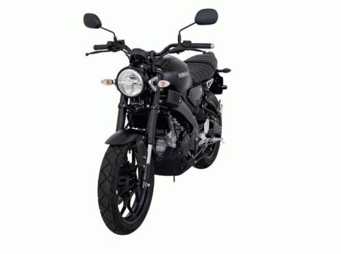 A Black Yamaha Motorcycle Is Sitting On A White Background GIF