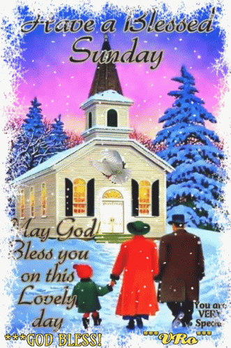 A Blessed Sunday Greeting Card With People Walking In Front Of A Church GIF