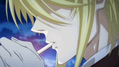 A Blonde Anime Character Is Smoking A Cigarette GIF