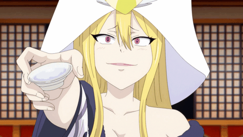 A Blonde Anime Character With A White Hat Holds A White Cup GIF