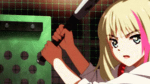 A Blonde Anime Girl Is Holding A Large Knife GIF