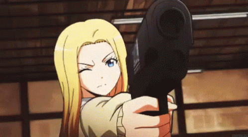 A Blonde Anime Girl Is Pointing A Gun At Something GIF