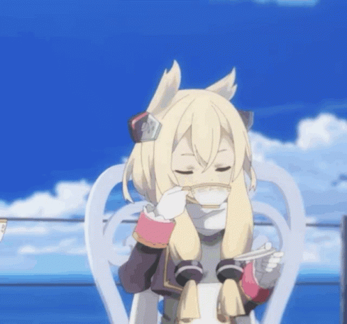 A Blonde Anime Girl Is Sitting In A White Chair Drinking From A Cup GIF