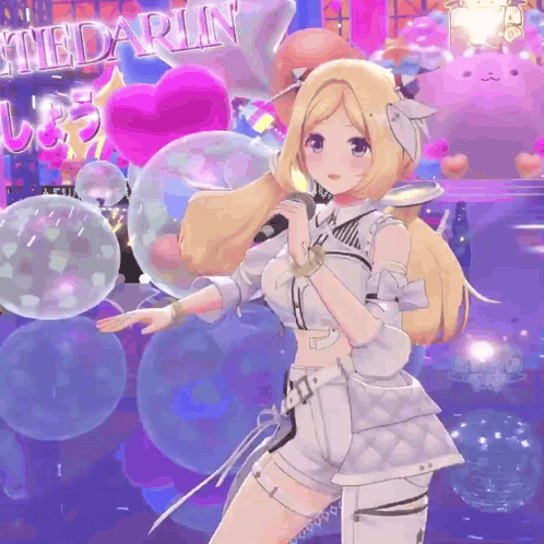 A Blonde Anime Girl Singing Into A Microphone In Front Of Balloons With The Word Medarin In The Background GIF