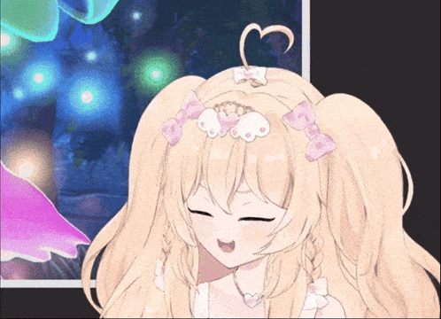 A Blonde Anime Girl With A Heart In Her Hair Is Making A Funny Face GIF