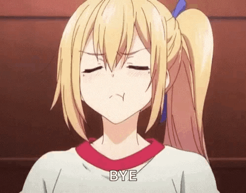 A Blonde Anime Girl With A Ponytail Is Making A Face And Saying `` Bye '' . GIF