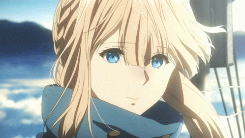 A Blonde Anime Girl With Blue Eyes And A Scarf Around Her Neck GIF