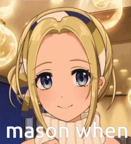 A Blonde Anime Girl With Blue Eyes And The Words Mason When Written Below Her GIF