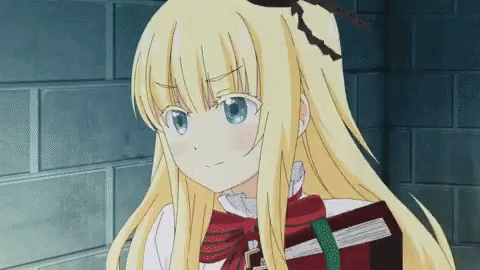 A Blonde Anime Girl With Blue Eyes Is Holding A Book In Her Hand GIF