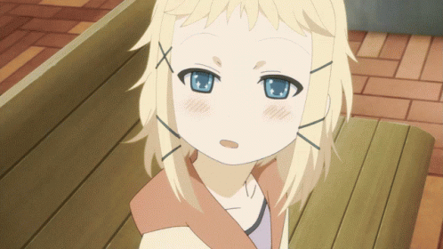 A Blonde Anime Girl With Blue Eyes Is Sitting On A Bench GIF