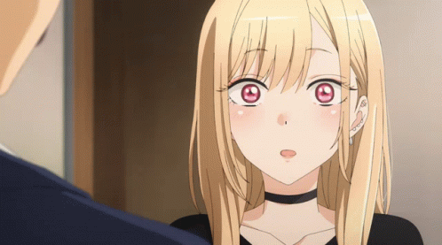 A Blonde Anime Girl With Red Eyes And A Black Choker On Her Neck GIF