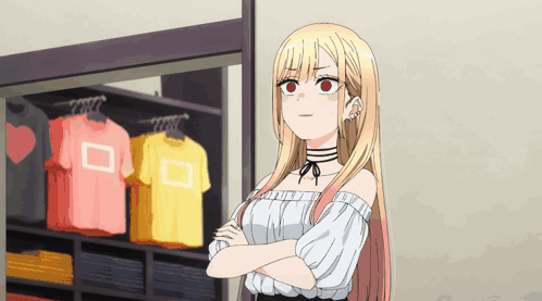 A Blonde Anime Girl With Red Eyes Is Standing In Front Of A Closet With Shirts Hanging On It GIF