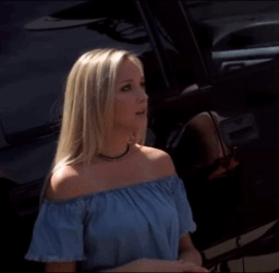 A Blonde Woman In A Blue Off The Shoulder Top Says I 'M Down GIF