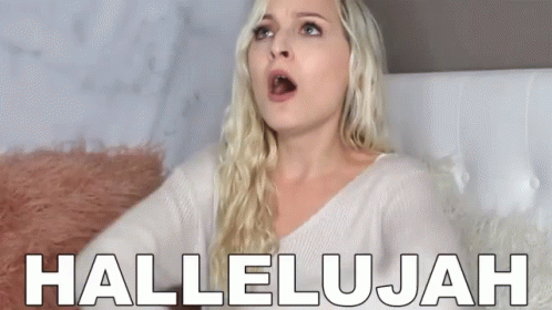 A Blonde Woman Is Sitting On A Bed With The Words Hallelujah Above Her GIF