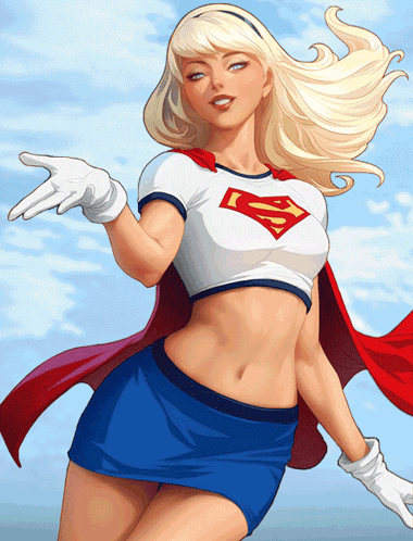 A Blonde Woman Wearing A Superman T-Shirt And Cape GIF