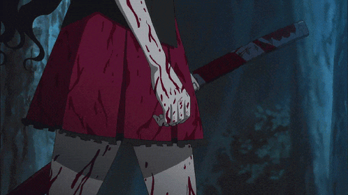 A Bloody Woman Holding A Bloody Sword In Her Hand GIF