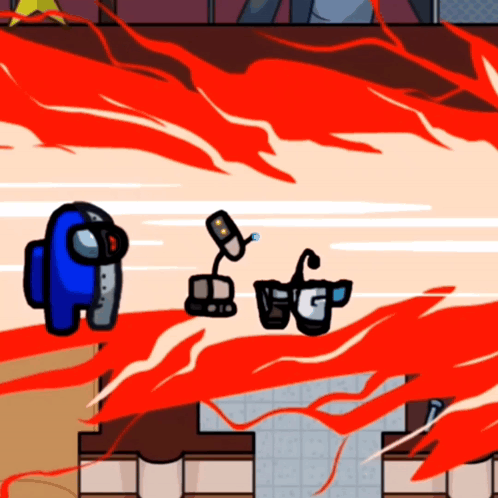 A Blue Among Us Character Is Surrounded By Red Flames And A Pair Of Glasses GIF