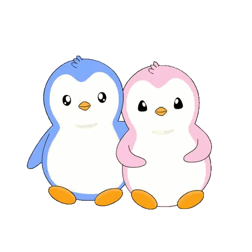 a blue and a pink penguin are standing next to each other on a white background