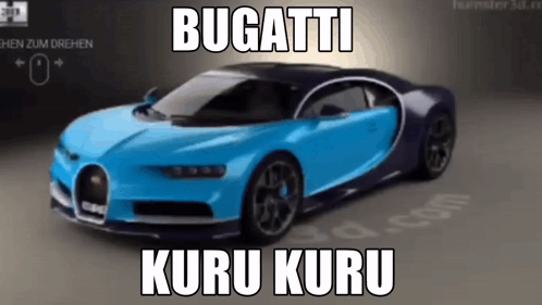 A Blue And Black Bugatti Car With The Words Bugatti Kuru Kuru Written On It GIF